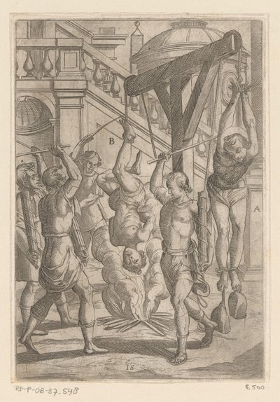 Brændende hænger på hovedet og slår Tortur udsat af kristne martyrer (serietitel) Varia tormentorum et supplicioru crudelium (...) (serietitel) af Antonio Tempesta