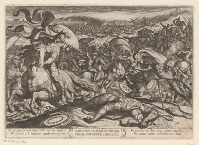 Sauls selvmord efter hans nederlag af filistrene Saul post cladem et necem fillor sibl morte conscivit (titel på objekt) Det Gamle Testamentes kampscener (serietitel) af Antonio Tempesta