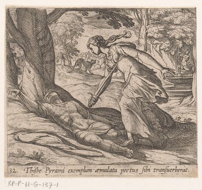 Zelfmoor van Thisbe Thijsbe havde tværgående sit bryst efter Pyramus eksempel (titel på objekt) Metamorfoseon eller transformationer (serietitel) Metamorfosen van Ovidius (serietitel) af Antonio Tempesta