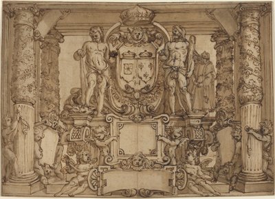 Et arkitektonisk vægdesign til ære for Henry IV, den galliske Hercules af Antonio Tempesta or Agostino Ciampelli