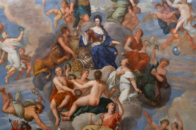 Dronning Anne omgivet af et væld af personificerede dyder, detalje af Dronningens Drawing Room loftet af Antonio Verrio