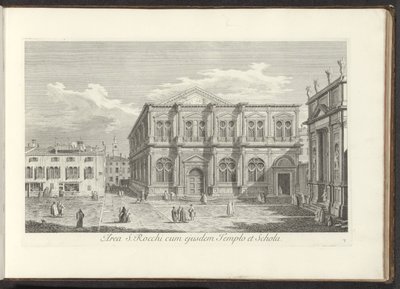 Udsigt over Campo San Rocco te Venetië Område af S. Rocchi med samme tempel og skole (titel på objekt) Gezichten op bugemenen en pleinen in Venetië (serietitel) De mere berømte udsigter over byen Venedig fra Antoniuskanalens 38 paneler, indgraveret i messi af Antonio Visentini