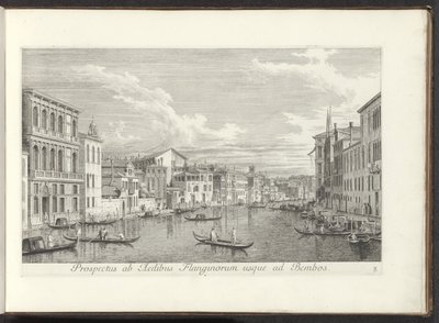 Se på Canal Grande og Palazzo Flangini i Venedig Udsigt fra husene i Flanginos til Bembos (titel på objekt) De mest berømte udsigter over byen Venedig, fra Antonius-kanalens 38 paneler, trykt i messing af Antonio Visentini, i tre dele af Antonio Visentini