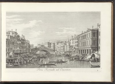 Se på Canal Grande og Rialtobrug i Venedig Rivoalti-broen mod øst (titel på objekt) De mest berømte udsigter over byen Venedig, fra Antonius-kanalens 38 paneler, trykt på messing af Antonio Visentini, opdelt i tre dele. den anden del (ser af Antonio Visentini
