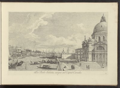 Se på Canal Grande en de Santa Maria della Salute i Venedig Fra Frelsens Hus til Kanalhovedet (titel på objekt) Den mest berømte udsigt over byen Venedig, fra Antonius-kanalens 38 paneler, trykt på messing af Antonio Visentini, i tre dele af Antonio Visentini