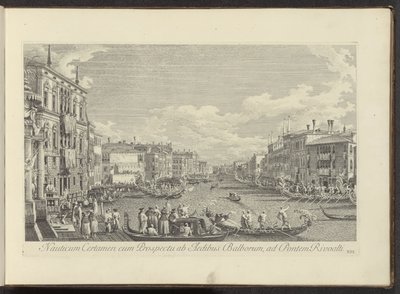 Se på Canal Grande i Venedig, hvor de Regata stedvindt Nautisk konkurrence med udsigt fra husene i Balbore til Rivoalti-broen (titel på objektet) Mere berømte udsigter over byen Venedig, fra Antonius Canal 38 paneler trykt på luft af Antonio af Antonio Visentini