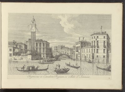 Se på Cannaregio i Palazzo Labia te Venetië Indgang til Royal Canal fra St. Jeremiahs hus (titel på objektet) De mest berømte udsigter over byen Venedig, fra Antonius-kanalens 38 paneler trykt i luften af ​​Antonio Visentini, opdelt i tre dele af Antonio Visentini