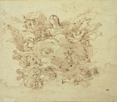 Jomfru i skyer, støttet af engle af Antonio da Correggio