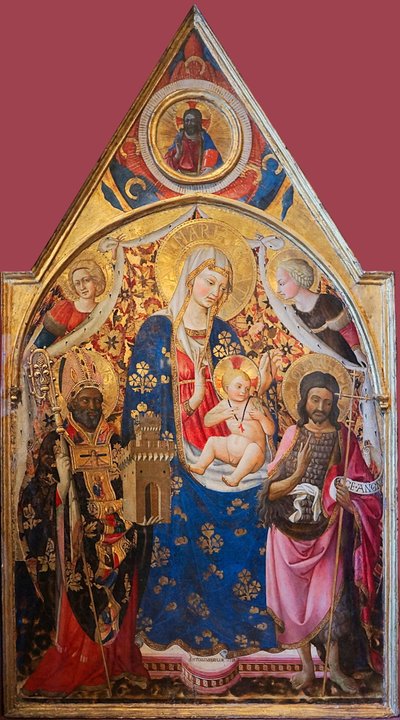 Madonna og barn troner med helgener


 Alternativ(e) titel(r):   Gonfalon. Højre side: Madonna og barnet med en biskop, Johannes Døberen og engle. Øverste del - Kristus velsigner. Bagsiden: Korsfæstelsen med Jomfru Maria og Johannes. T af Antonio da Firenze