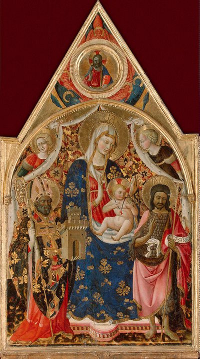 Madonna og barn, med en biskop, Johannes Døberen og engle, begyndelsen af det 15. århundrede. af Antonio da Firenze