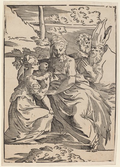 Den hellige familie med to hellige. af Antonio da Trento
