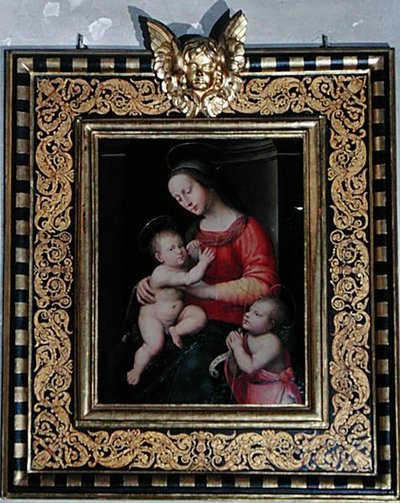 Madonna og barn med St. Johannes Døberen (olie på panel) af Antonio del Ceraiolo