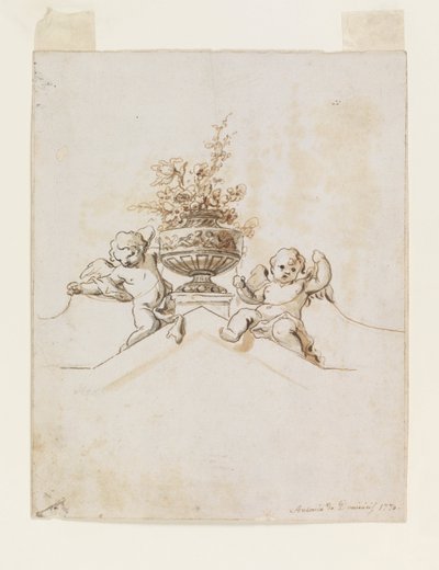 To Putti ved siden af en vase med blomster af Antonio di Dominici