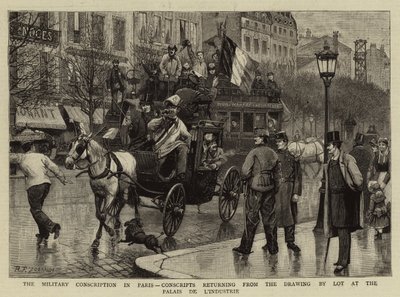 Den militære værnepligt i Paris, værnepligtige, der vender tilbage fra lodtrækningen i Palais de L