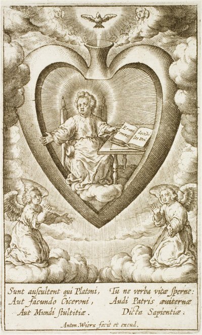 Jesusbarnet siddende i det hellige hjerte med en åben bog af Antonius Wierix (II)