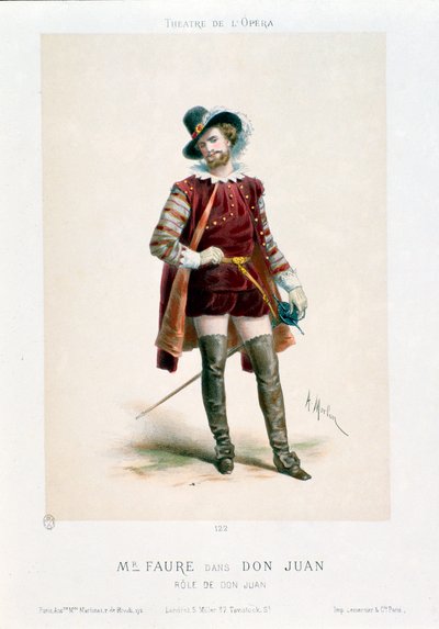Sangeren Jean-Baptiste (Jean Baptiste) Faure (1830-1914) opfører Don Giovanni (Don Juan) i operaen af samme navn af Wolfgang Amadeus Mozart (1756-1791) under en forestilling på Operateatret i Paris. Litografi af Antony Morlon (1834-1914) Colle af Antony Paul Emile Morlon