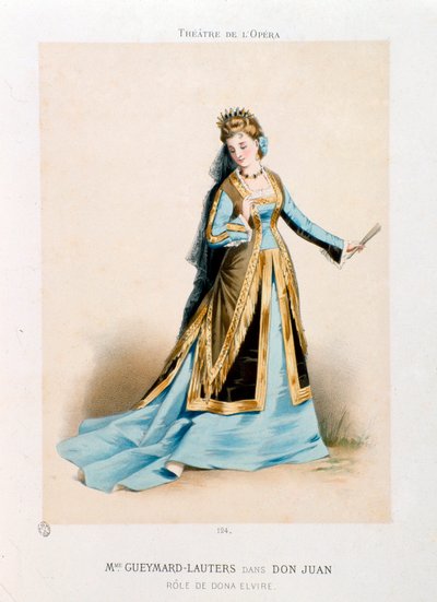 Sangerinden Pauline Lauters-Gueymard (Lauters Gueymard) (1834-1876) opfører Dona Elvire i Wolfgang Amadeus Mozarts opera Don Giovanni (Don Juan) (1756-1791) under en forestilling på Operateatret i Paris. Litografi af Antony Morlon (1834-1914) Privat af Antony Paul Emile Morlon