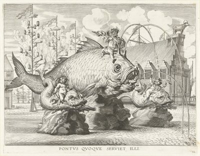 Spektakel med Triton på en kæmpe fisk; Ferdinands indtog i Gent i 1635 Pontvs Qvoqve serviet illi (titel på objekt) af Antony van der Does
