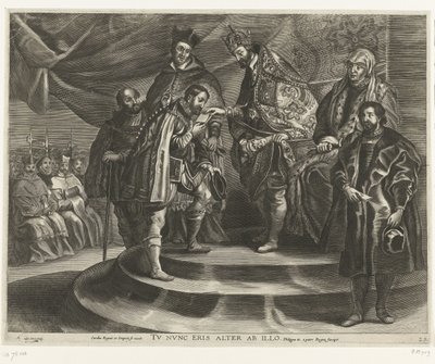 Troonsafsand van Karel V; intocht van Ferdinand te Gent i 1635 (blad 25) Charles fratog sig kongeriget og imperiet / Du vil nu være næst efter ham / Filip II tager riget fra sin far (titel på objektet) af Antony van der Does