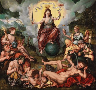 Justitia besejrer de syv dødssynder, ca. 1600. af Antoon Claeissens