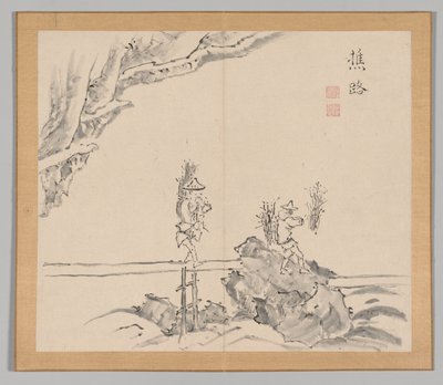 Dobbelt album af landskabsstudier efter Ikeno Taiga, bind 1 blad 32, 1700-tallet. af Aoki Shukuya