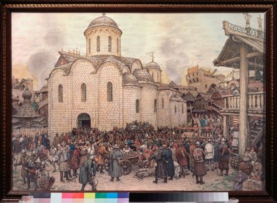 Invasionen af ​​Moskva af Khan Tokhtamych (Toqtamych) (død i 1406), i 1382 (Erobringen af ​​byen af ​​Den Gyldne Horde) - Værk af Appolinari Mikhaylovich Vasnetsov (1856-1933), akvarel og trækul på papir af Apollinari Mikhailovich Vasnetsov