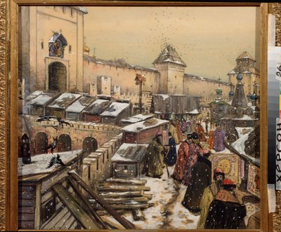 Moskva i det 17. århundrede, Boghandler på Kristus Frelserens bro (Moskva i det 17. århundrede, Boghandler på Kristus Frelserens bro) - Værk af Appolinari Mykhaylovich Vasnetsov (1856-1933), akvarel og hvid på pap af Apollinari Mikhailovich Vasnetsov