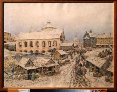 Moskva 17. århundrede, Resurrection Bridge - Værk af Appolinari Mikhaylovich Vasnetsov (1856-1933), akvarel og kul på papir af Apollinari Mikhailovich Vasnetsov