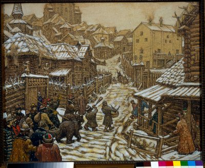 Musikere og bjørnetrænere i en gade i Moskva i det 17. århundrede - Værk af Appolinari Mikhaylovich Vasnetsov (1856-1933) af Apollinari Mikhailovich Vasnetsov
