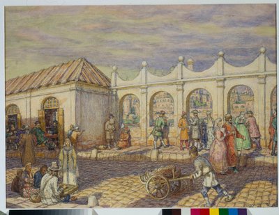 Gadescene på Stenbroen (Allehelgensbro) i Moskva på tidspunktet for Peter I den Store (1672-1725) - Kunstværk af Appolinari Mikhaylovich Vasnetsov (1856-1933) af Apollinari Mikhailovich Vasnetsov