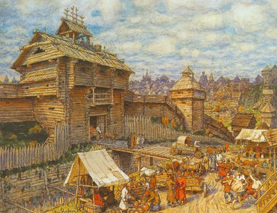 Træbyen Moskva i det 14. århundrede af Apollinari Mikhailovich Vasnetsov