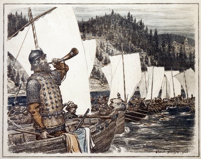 Yermak Timofeyevich (ca. 1540-1585) ved Irtysh-floden. (Yermak Timopheyevich på Irtysh). Episode af udforskningen og erobringen af ​​Sibirien, i 1583. Værk af Appolinari Mikhaylovich Vasnetsov (1856-1933), litografi 1916. Russisk kunst, 20. af Apollinari Mikhailovich Vasnetsov
