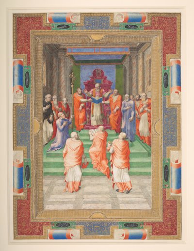 En pavelig ceremoni, Paul IV står foran den pavelige trone, Add. MS 35254 Q, ca. 1555-59 (vellum) af Apollonio di Bonfratelli