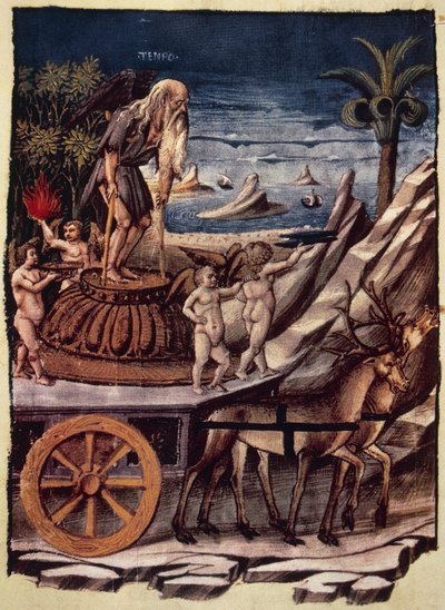 Tidens triumf, tidens vogn trukket af rådyr, miniature af Apollonio di Giovanni (1415 eller 1417-ca 1465) fra Triumfer, allegorisk digt af Francesco Petrarca (1304-1374), manuskript 1129, folio 42, verso, Italien af Apollonio di Giovanni di Tommaso
