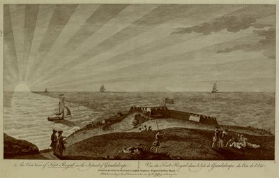 En gruppe soldater hviler på toppen af en bakke i forgrunden med Fort Royal bagved, sejlskibe og solen, der går ned i havet i baggrunden af Archibald (after) Campbell