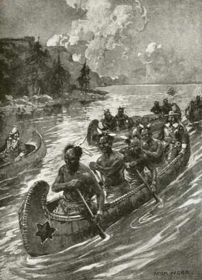 Samuel De Champlain i 1608 bestig St Lawrence-floden i kanoer af venlige indfødte amerikanske indianere (litho) af Archibald Bertram (after) Webb