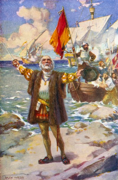 Landingen af Columbus (farve litho) af Archibald Bertram (after) Webb