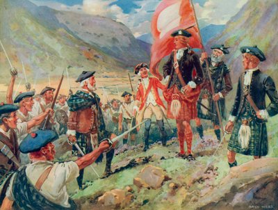 The Raising of the Standard, Bonnie Prince Charlie lander i Skotland i 1745 (farve litho) af Archibald Bertram (after) Webb