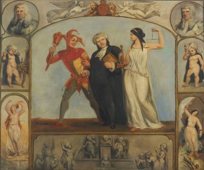 maleri; olie på lærred - Portræt af Renton Nicholson med allegoriske scener og figurer af Archibald Henning
