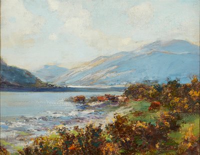 Højlandsscene med kvægvanding (olie på lærred) af Archibald Kay