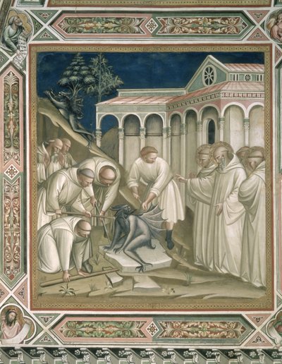 Den tunge sten, detalje fra Sankt Benedikts liv (c.480-c.550), i sakristiet, 1387 af Aretino Luca Spinello or Spinelli