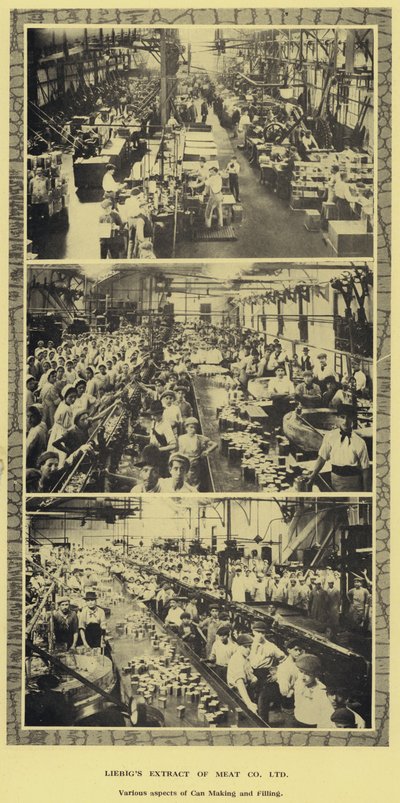 Dåsefremstilling og påfyldning, fabrik af Liebig Extract of Meat Company, Ltd, Argentina (s/h foto) af Argentinian Photographer