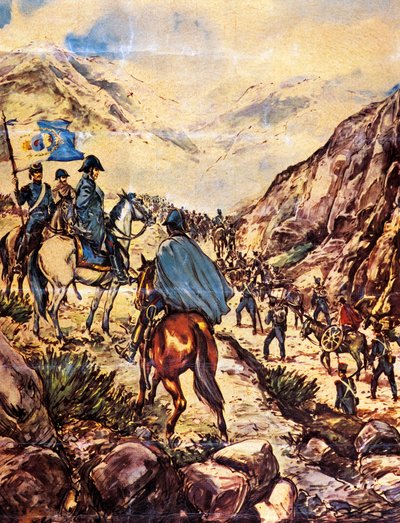 General Jose de San Martin, også kendt som Sydstaternes befrier, krydser Andesbjergene med sin hær mod Peru. af Argentinian School