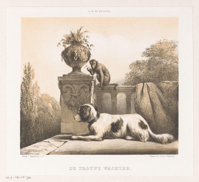 Hund og abe på terrassen The Faithful Watchman (titel på objekt) af Arie Ketting de Koningh
