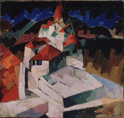 Kirke i Kislovodsk (Nordkaukasus, Rusland) (Kirke i Kislovodsk). Kubistisk beskrivelse af den religiøse bygning i et landskab. Maleri af Aristarkh Vasiliyevich Lentulov (Lentulov) (1882-1943), olie på lærred af Aristarkh Vasilievic Lentulov