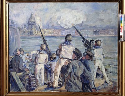 La defense de Sebastopol (Sevastopols forsvar). Afsnit af Anden Verdenskrig (1939-1945): panorama af byen Krim fra et russisk militærskib, hvis sømænd maskingeværer den tyske belejring (belejring 1941-1942). Maleri af Arista af Aristarkh Vasilievic Lentulov