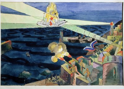 Et søslag. For at forsvare den befæstede kyst skyder kanoner på et slagskib, der går i stykker under eksplosioner. Værk af Aristarkh Vasilyevich Lentulov (Lentulov) (1882-1943), akvarel på papir af Aristarkh Vasilievic Lentulov