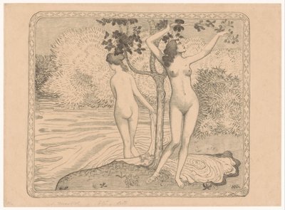 To kvinder bader under et træ ved havnefronten Deux baigneuses nues sous un arbre au bord de l