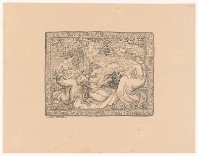 Tapet med fire musikskabende kvinder i et landskab Concert champêtre (original titel) af Aristide Maillol