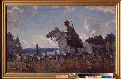 Med en rapport. (En budbringer fra et kavaleriregiment af Den Røde Hær galopperer gennem landskabet, mødt af børn i socialistiske ungdomsuniformer). Maleri af Arkadi (Arkady) Alexandrovich Rylov (1870-1939), olie på lærred af Arkadij Aleksandrovic Rylov